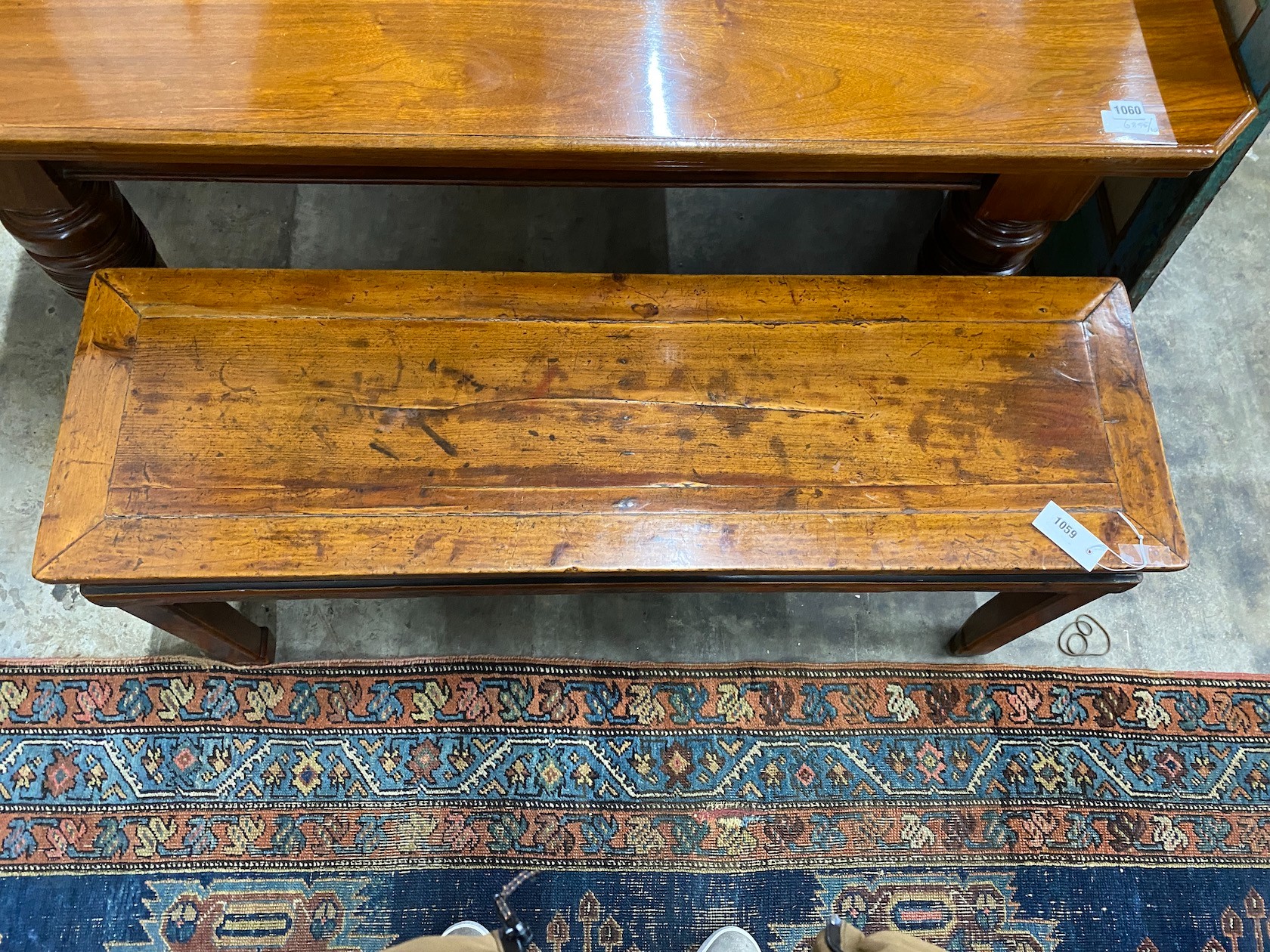 A Chinese elm bench seat, width 111cm